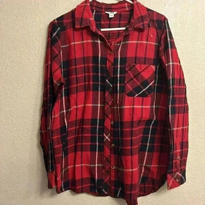 Sonoma Women Long Sleeve Button Flannel Down Shirt Red  Size Large